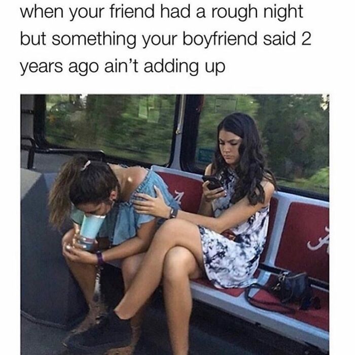 Two girls on a bus, one comforting the other while checking her phone, relatable girly memes about friendships and work.
