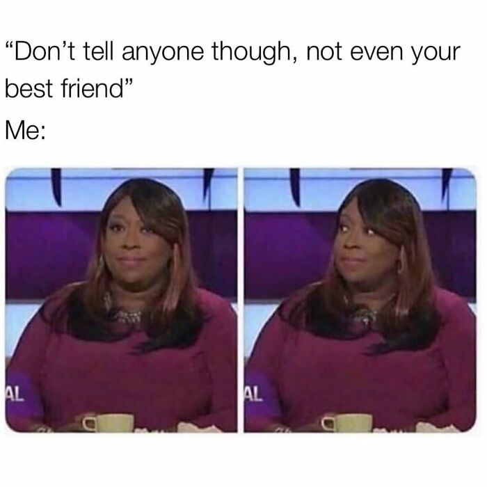 Woman in a purple top with a humorous expression, illustrating girly memes about friendships and relatable moments.