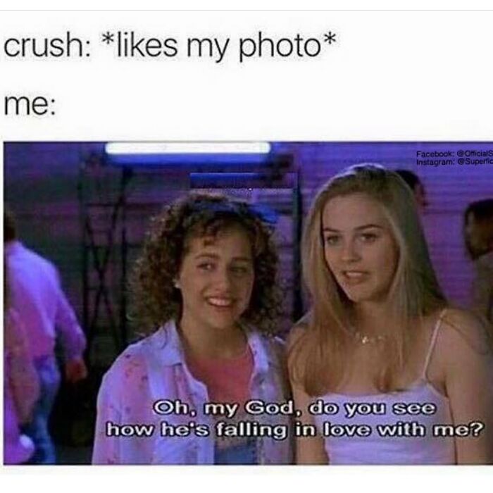 Two girls smiling with text meme about a crush liking a photo, a relatable girly meme about friendships and feelings.