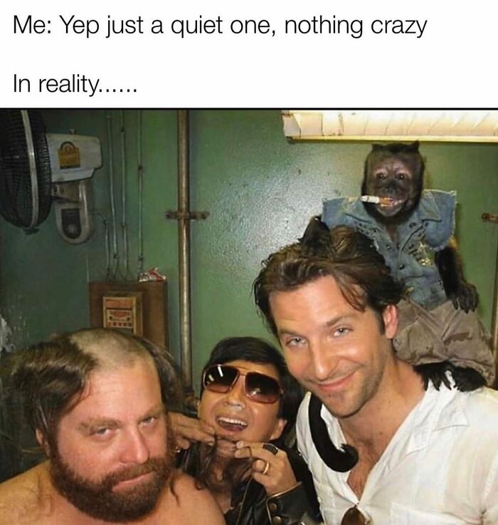 Funny girly meme about friendships showing a group of people and a monkey with a cigarette being playful and quirky.