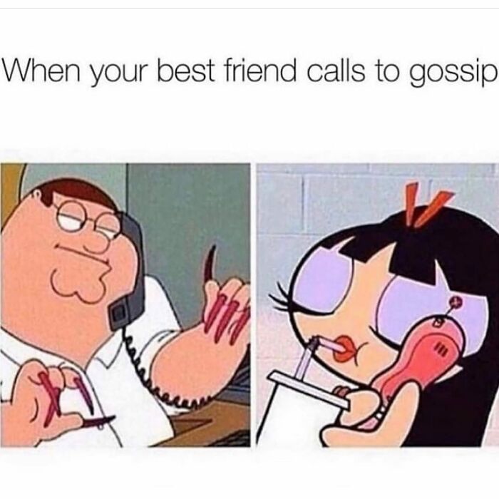 Cartoon characters showing girly memes about friendships with exaggerated long nails while talking on the phone.