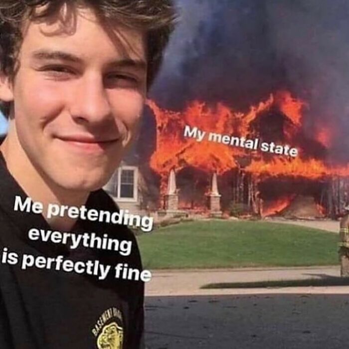 Young man smiling in front of a burning house labeled my mental state, girly memes about friendships and work.