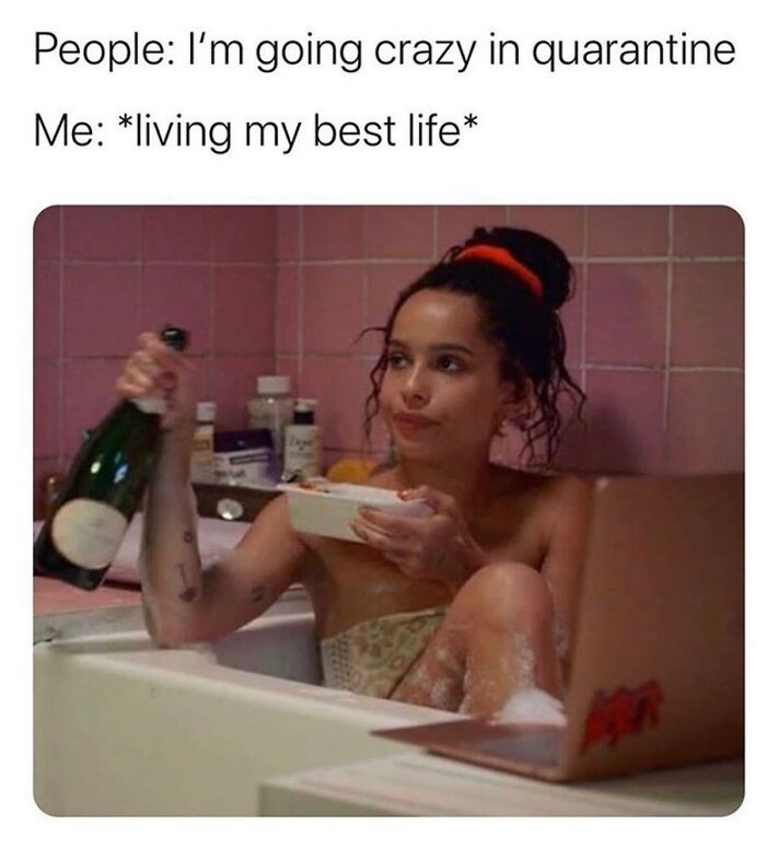 Woman relaxing in a bathtub with a snack and bottle, representing girly memes about friendships and relatable moments.