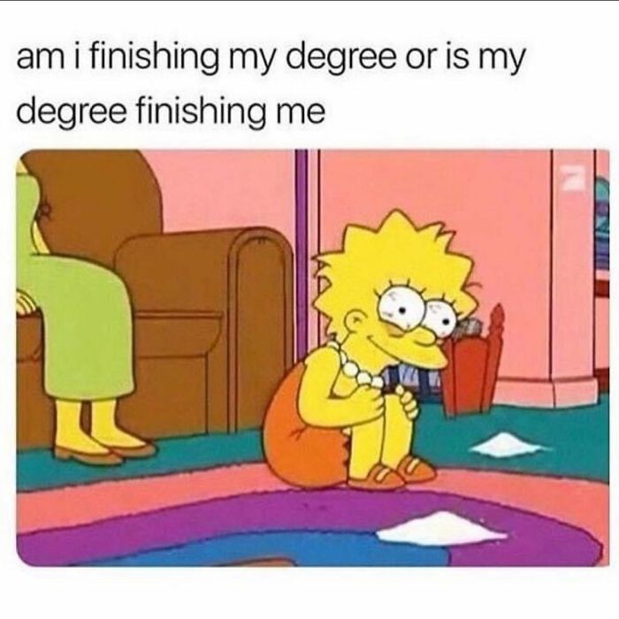 Cartoon character sitting on the floor with a stressed expression, relatable girly memes about friendships and work struggles.