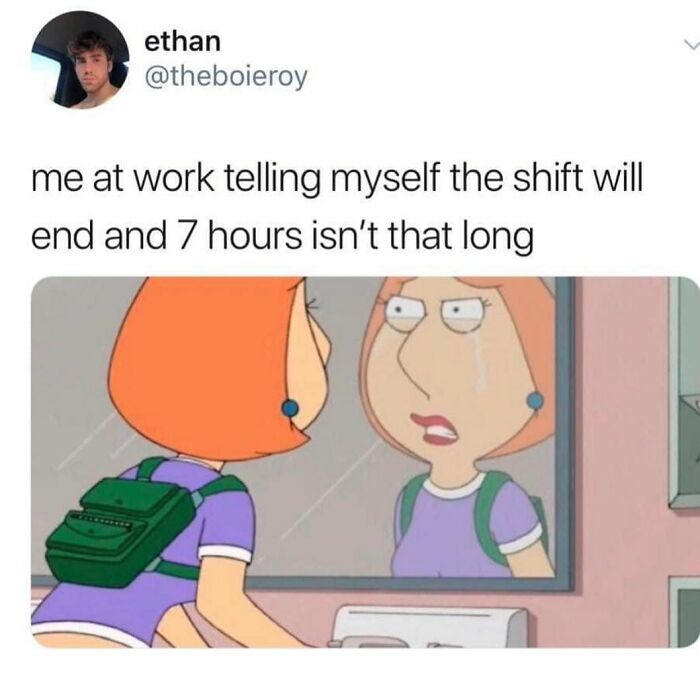 Woman with orange hair looking sadly in mirror while telling herself work shift will end soon in relatable girly memes about work.