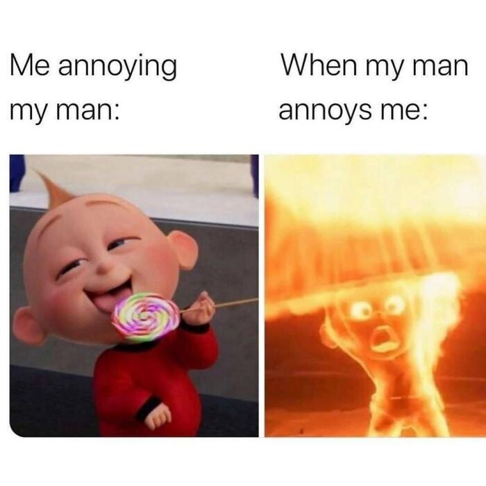 Cute animated baby happily licking a lollipop contrasted with the same baby angrily glowing red in a girly meme about relationships.