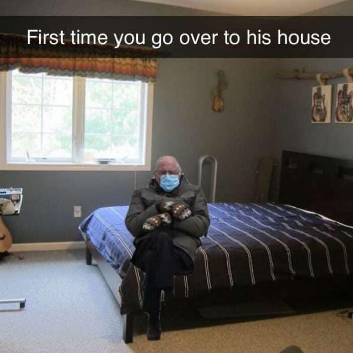 Man wearing a mask and mittens sitting on a bed in a bedroom, a girly meme about friendships and relatable things.