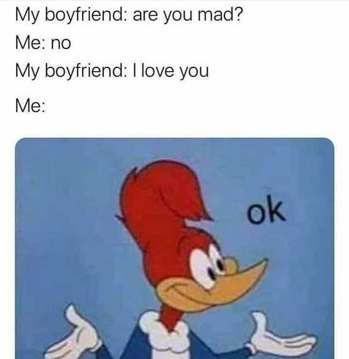 Cartoon character with red hair shrugging and saying ok, illustrating girly memes about friendships and relatable moments.