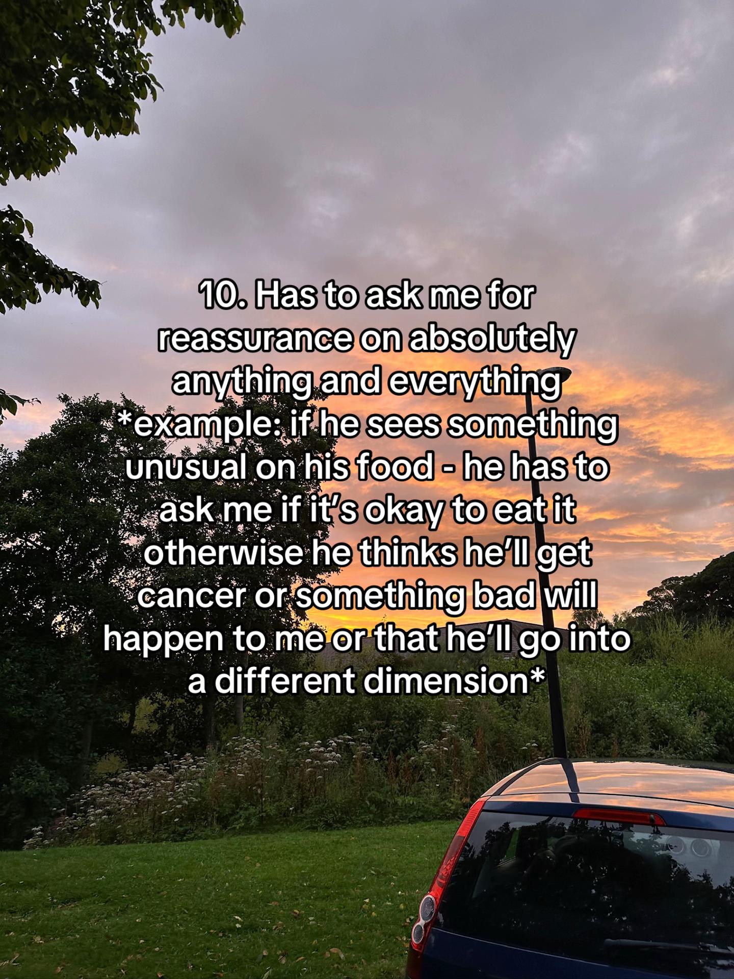 Text overlay on sunset background describes a woman's honest post about life with a boyfriend with OCD needing constant reassurance.