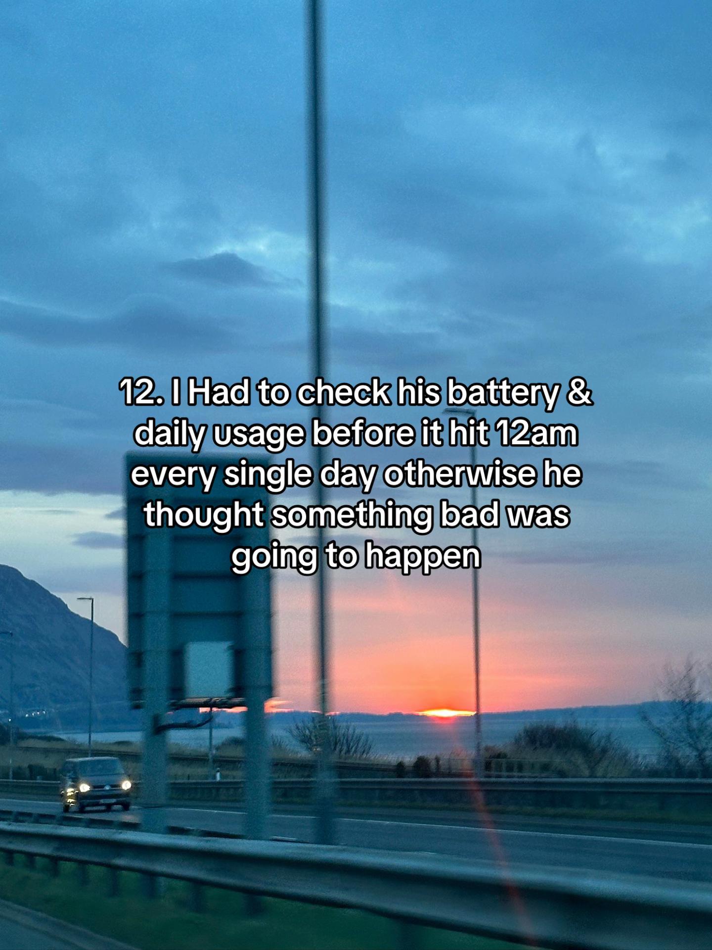 Sunset over a highway with a text about daily battery checks illustrating life with a boyfriend with OCD going viral.