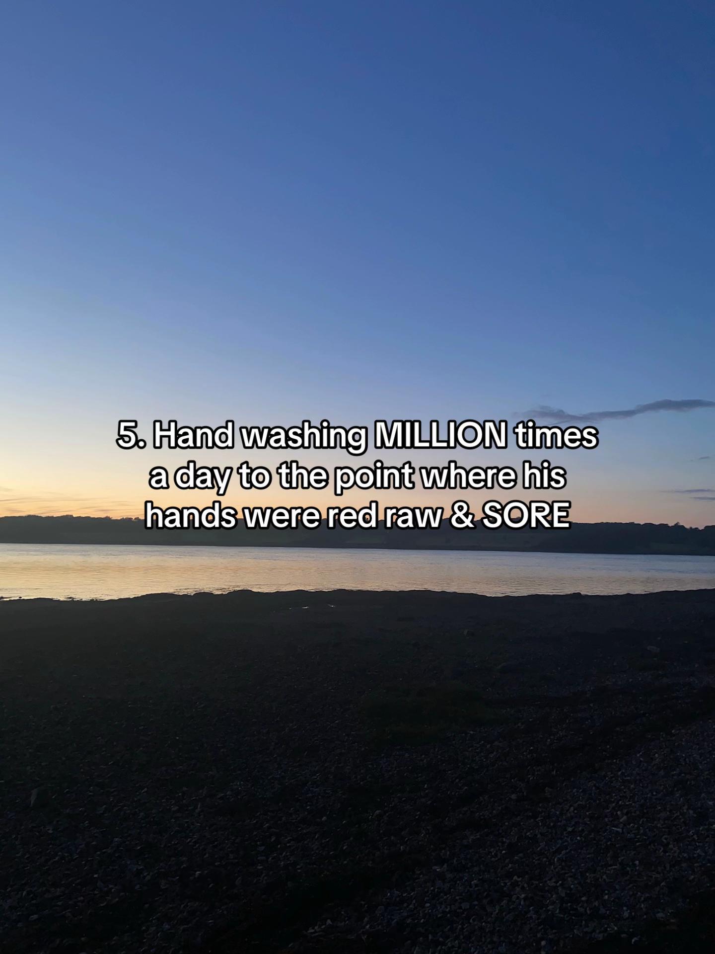 Sunset over water with text about hand washing many times daily highlighting challenges of life with a boyfriend with OCD.