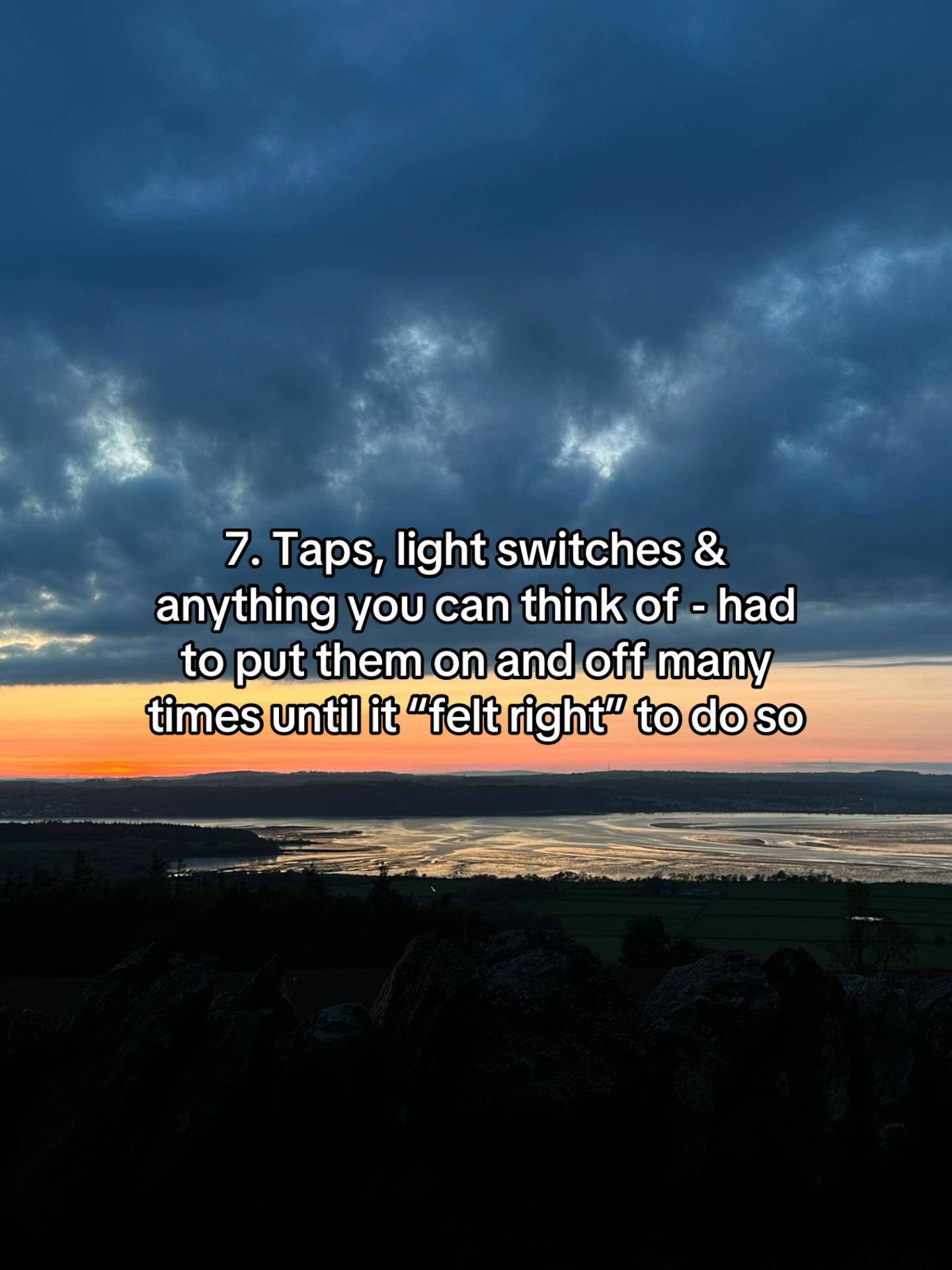 Sunset landscape with text about a woman's honest post on life with a boyfriend with OCD involving repeated actions.