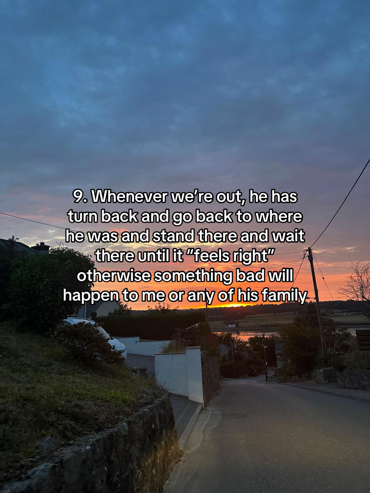 Sunset over a quiet street with a viral post about life with a boyfriend with OCD and his compulsive behaviors.