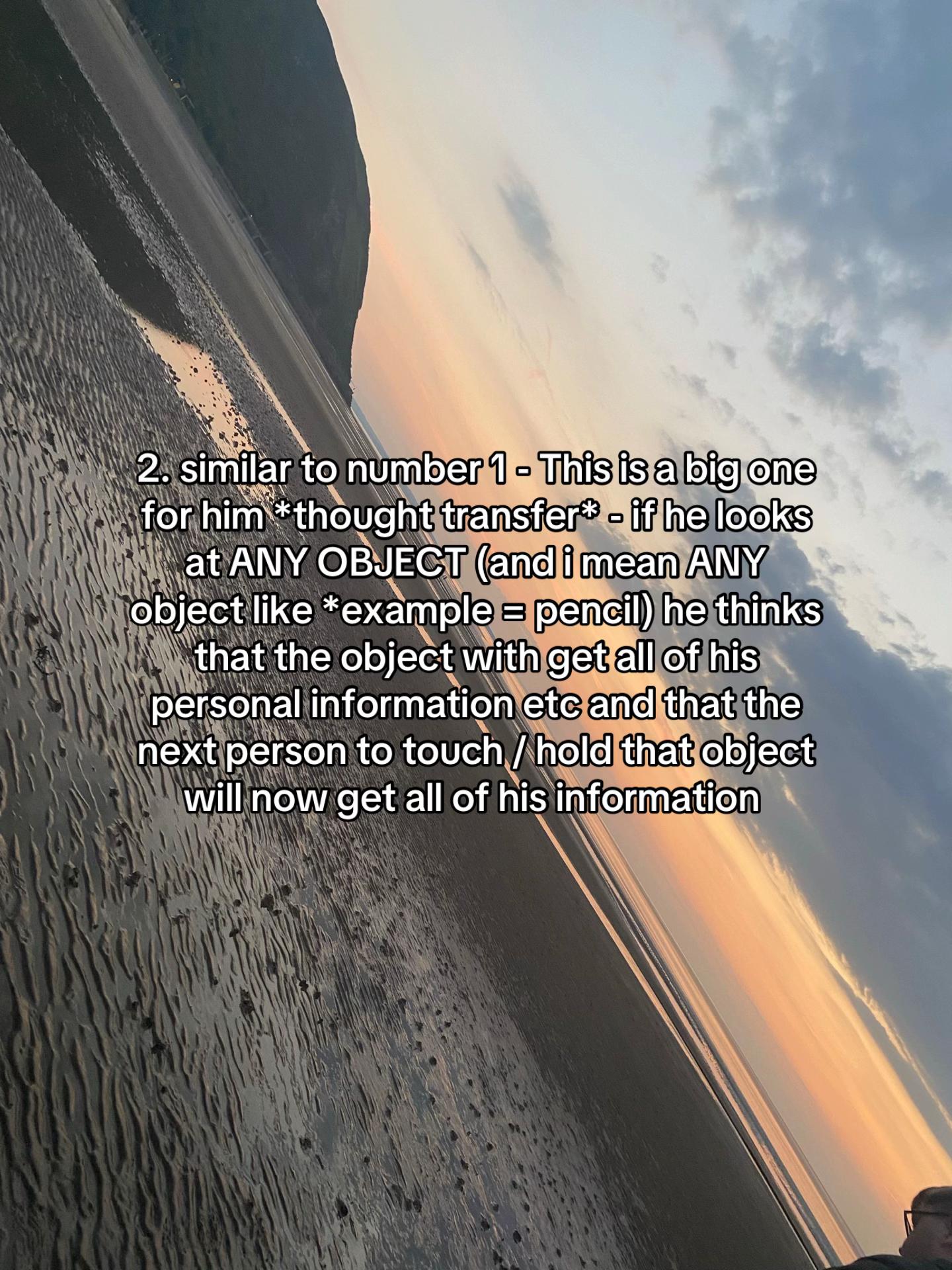 Sunset view over a beach with text about life with a boyfriend with OCD and his fear of thought transfer through objects.