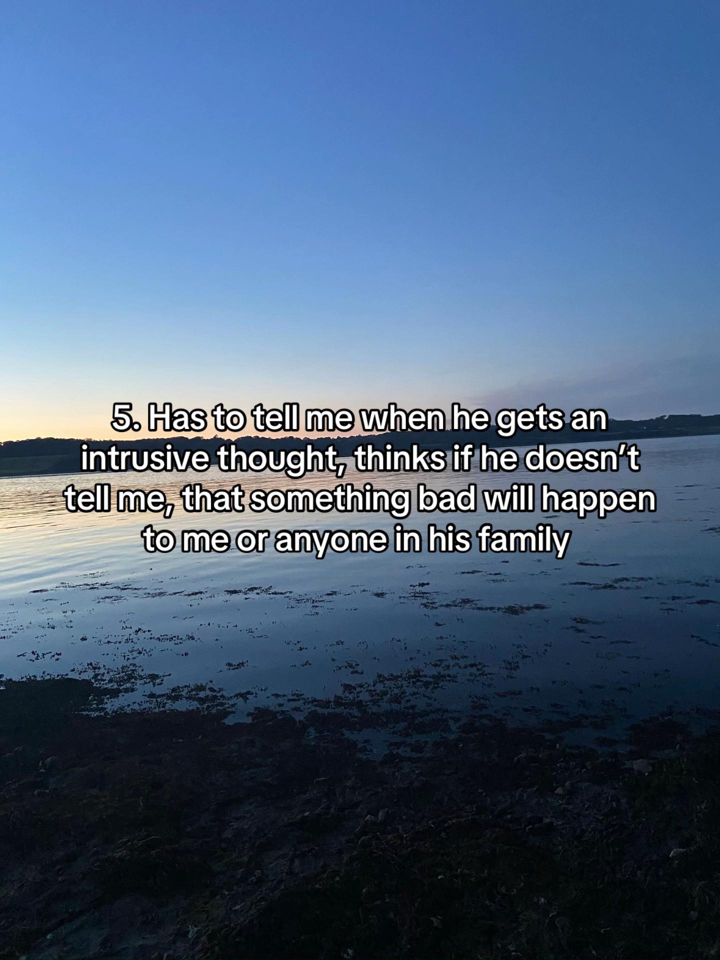 Woman&rsquo;s honest post describing life with a boyfriend with OCD and intrusive thoughts at sunset by a calm lake.