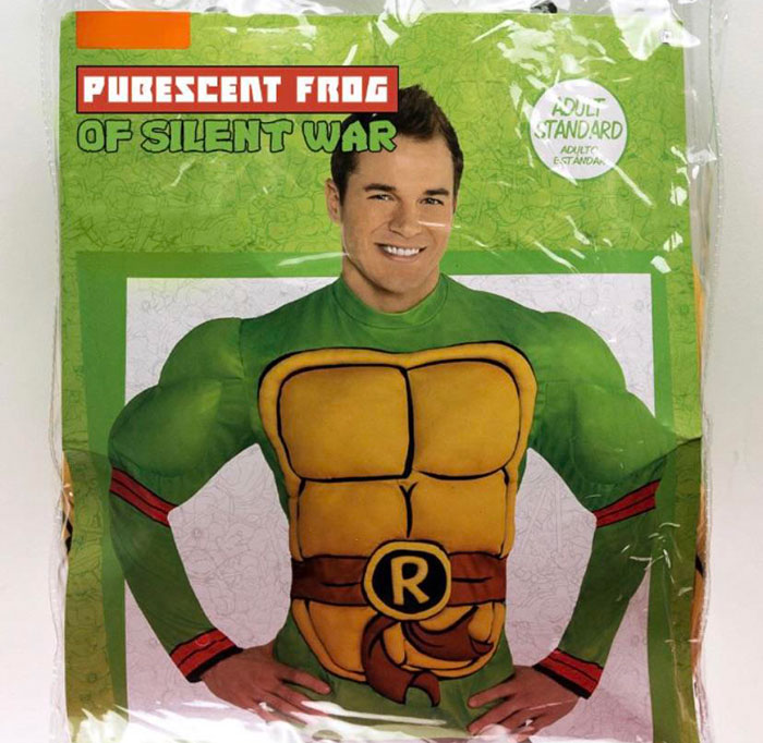 Off-brand Halloween costume featuring a muscle suit called Pubescent Frog of Silent War, a funny and unusual find.