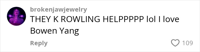 Alt text: Social media comment referencing J.K. Rowling and expressing support for comedian Bowen Yang amid trans rights discussion.