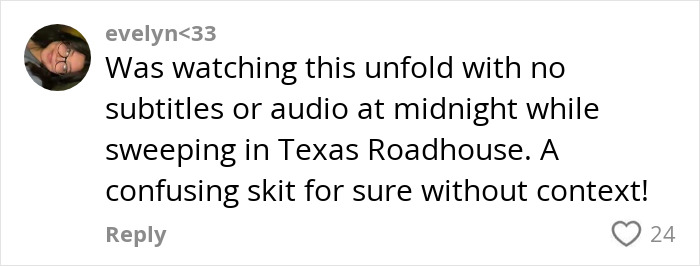 Comment from user Evelyn discussing confusion over a skit related to J.K. Rowling and trans rights without context.