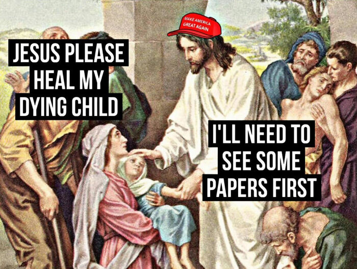 Religious figure wearing a political hat refuses healing, highlighting dystopic societal barriers and distrust in help.