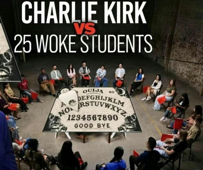 Group of students seated in a circle around a large Ouija board, illustrating dystopic societal themes and conflicts.
