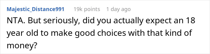Comment about a 20-year-old learning consequences after spending all college money on traveling, shared on Reddit.