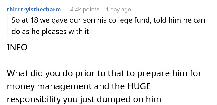 Reddit user discussing a 20-year-old learning consequences after spending all his college money on traveling.
