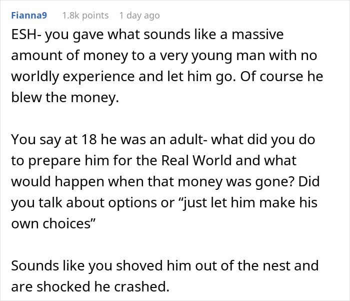 Comment discussing a 20-year-old learning consequences after spending all college money on traveling and lack of preparation.