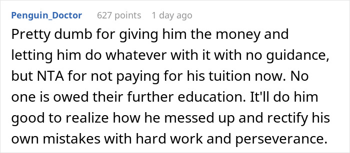 Comment explaining the consequences of spending all college money on traveling and the importance of hard work and perseverance.