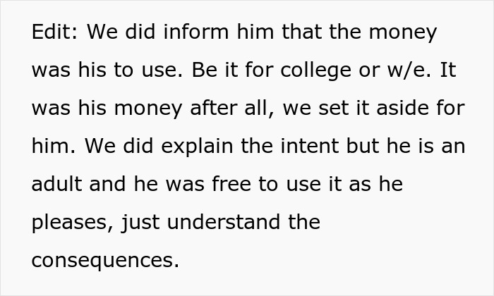 Text explaining that a 20-year-old learns actions have consequences after spending all his college money on traveling.