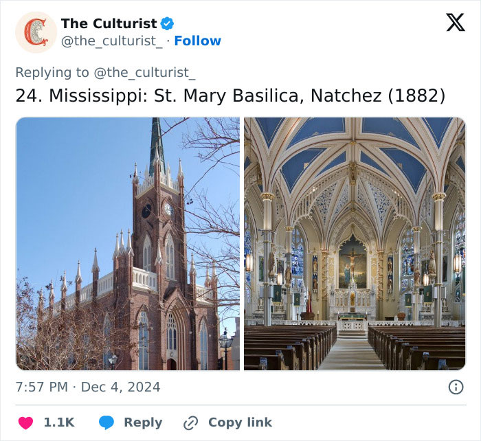 Exterior and interior views of St. Mary Basilica in Natchez, showcasing beautiful and striking churches architecture in the US.