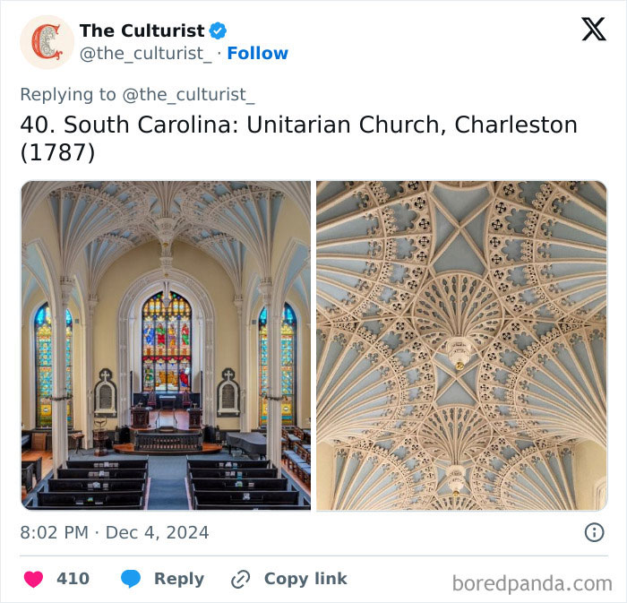 Interior view of a spectacular historic church in Charleston featuring intricate ceiling and stained glass windows.