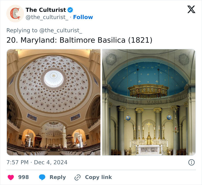 Interior views of Baltimore Basilica in Maryland showcasing stunning architecture and design of beautiful US churches.