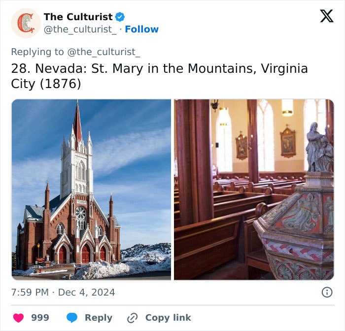 Exterior and interior views of St. Mary in the Mountains church in Nevada, showcasing striking church architecture and decor.