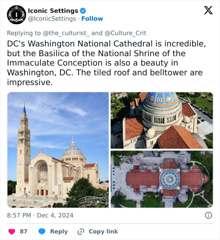 Basilica of the National Shrine of the Immaculate Conception in Washington DC, a beautiful and striking church with a tiled roof.