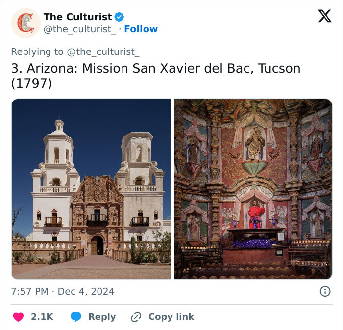 Mission San Xavier del Bac church exterior and ornately decorated interior altar in Tucson, Arizona, striking churches in the US.