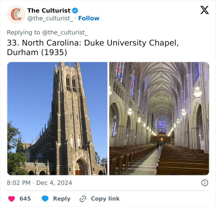 Tall Gothic-style Duke University Chapel exterior and interior with vaulted ceilings and stained glass, a striking church in North Carolina.