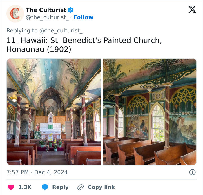 Interior views of St. Benedict's Painted Church in Hawaii showcasing beautiful and striking church artwork and architecture.