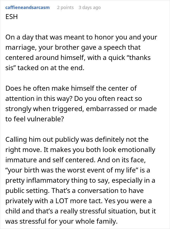 Text excerpt discussing a woman making her brother feel hated after he thanks her for delivering him at a family event.