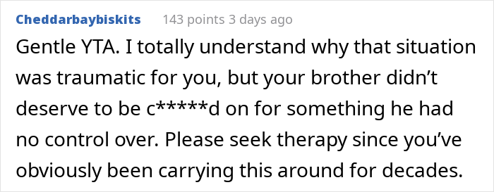 Screenshot of a social media comment discussing a woman making her brother feel disliked after he thanks her for delivering him.