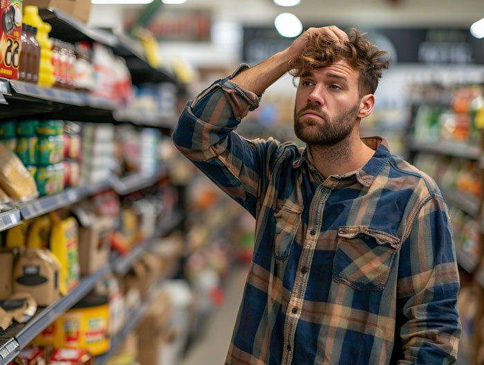 Man in a plaid shirt looking confused in a convenience store aisle after realizing his stealing mistake and owing $43.