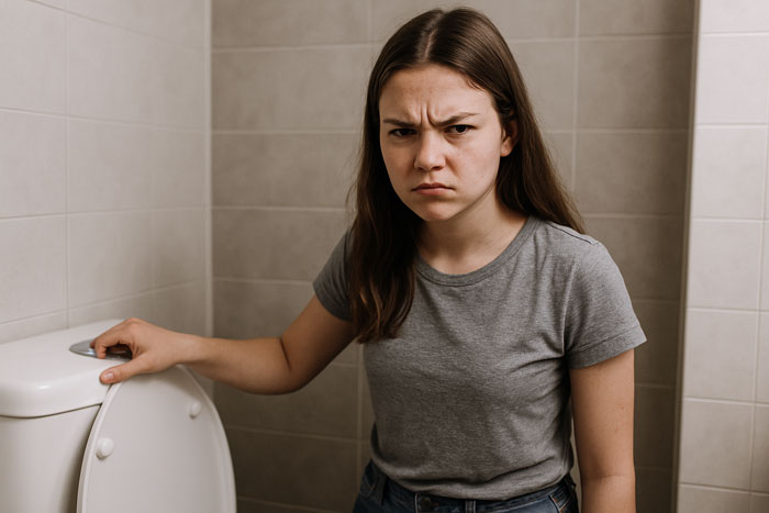 Teen girl with a frown in a bathroom, showing stepdaughter sister spices drama emotions and tension. Teen girl with a frown in a bathroom, showing stepdaughter sister spices drama emotions and tension.