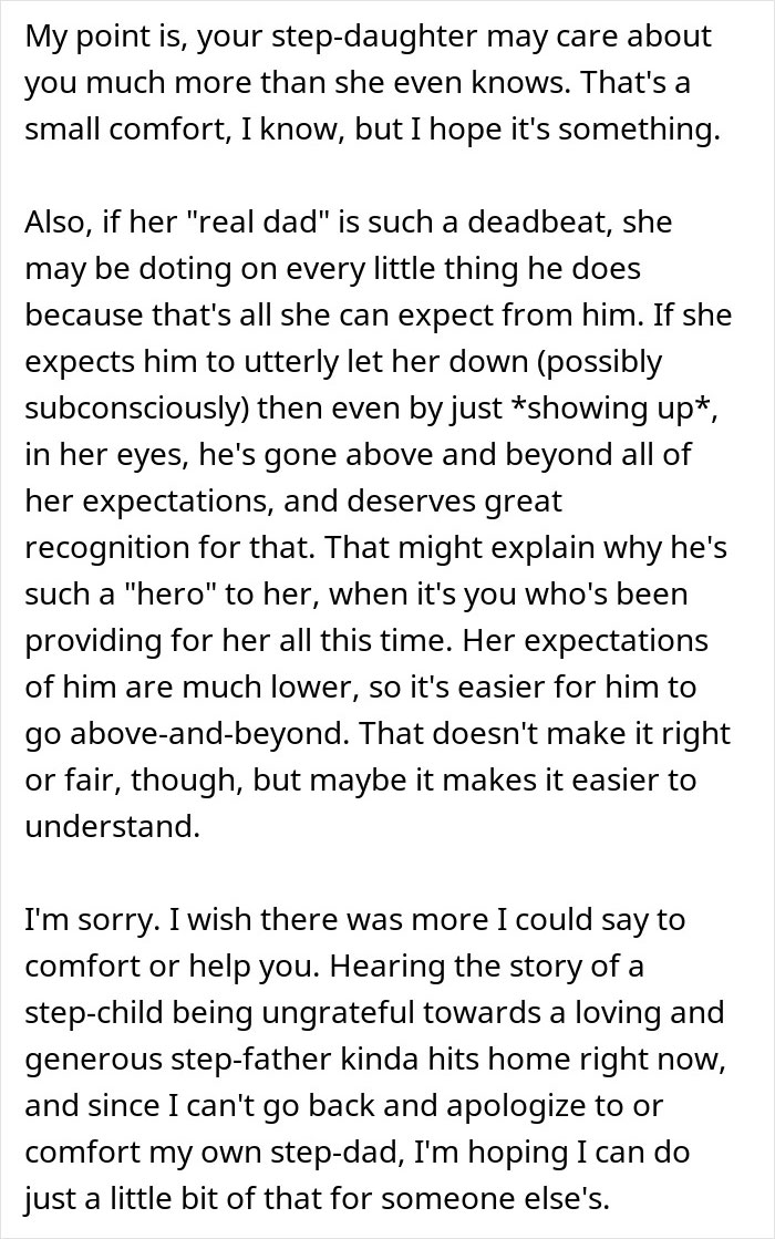 Text discussing a heartbreaking step-dad speech about feeling uncared for by his girlfriend and her daughter.