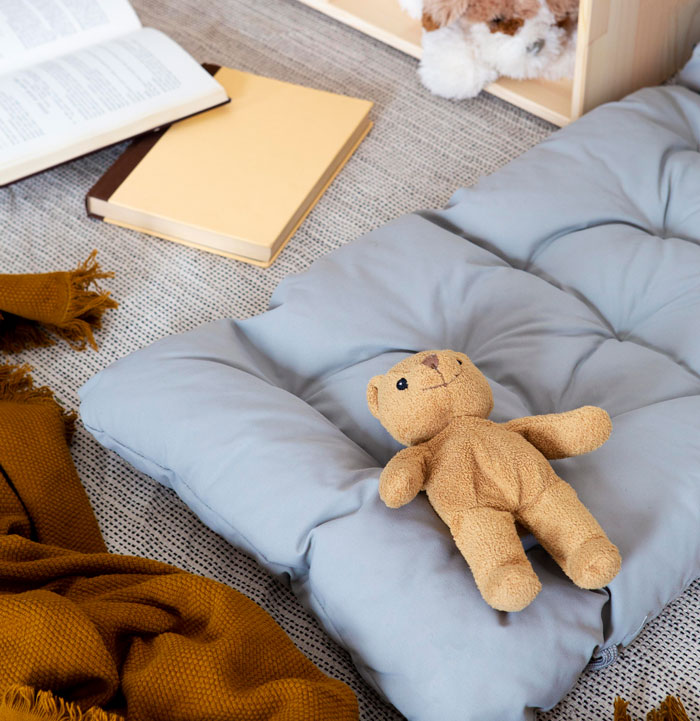 Teddy bear on a soft cushion with books and blankets nearby in a cozy child&rsquo;s room setting.