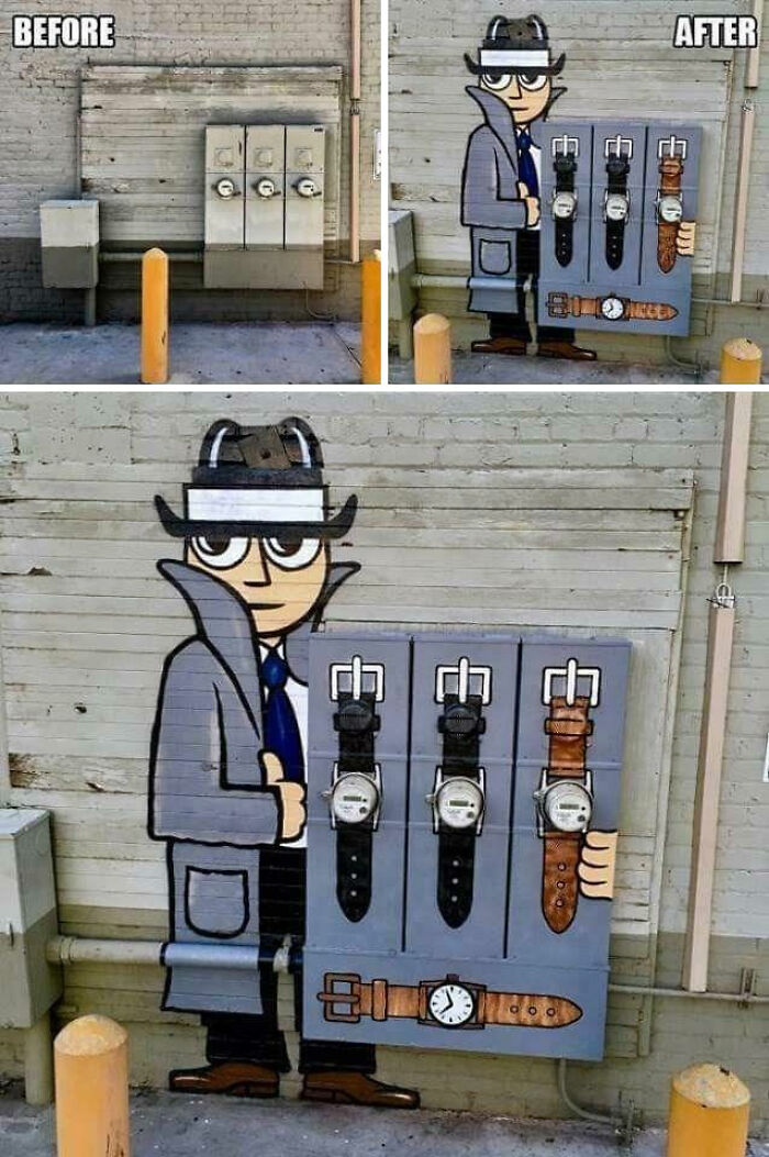 Street art transforming utility meters into a cartoon character holding oversized wristwatches on a city wall.