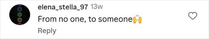 Comment on social media post with username elena_stella_97 saying From no one, to someone with raised hands emoji.