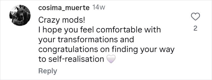 Comment on social media post praising tattooed woman&rsquo;s transformation after cutting off her nose and preserving it in a jar.