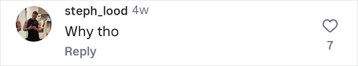 Comment on social media showing user steph_lood asking Why tho with 7 likes, related to tattooed woman cutting off her nose.