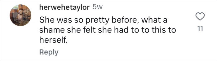 Screenshot of a social media comment about a tattooed woman who cut off her nose and preserved it in a jar.