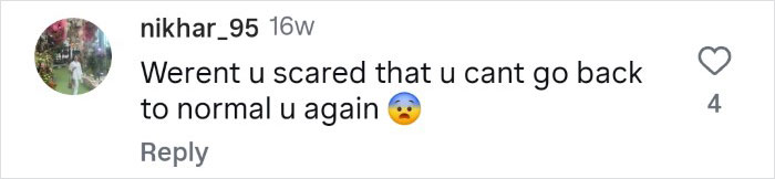 Screenshot of a social media comment asking if the tattooed woman who cut off her nose was scared to return to normal.