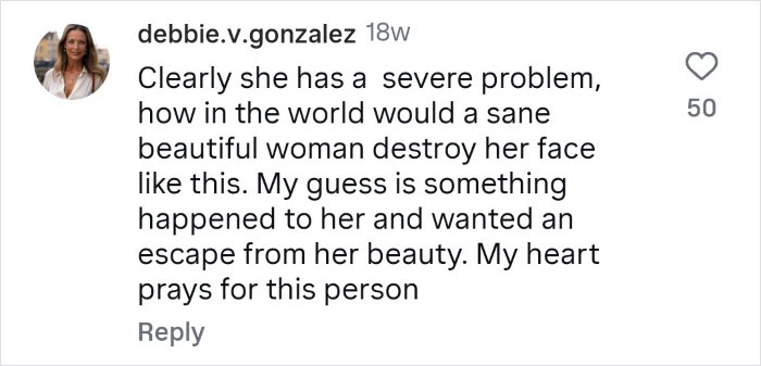 Comment on viral before-and-after photos of tattooed woman who cut off her nose and preserved it in a jar.